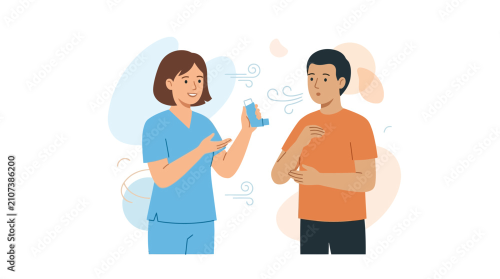 Fototapeta premium Nurse teaching patient how to use an inhaler for asthma management - medical illustration