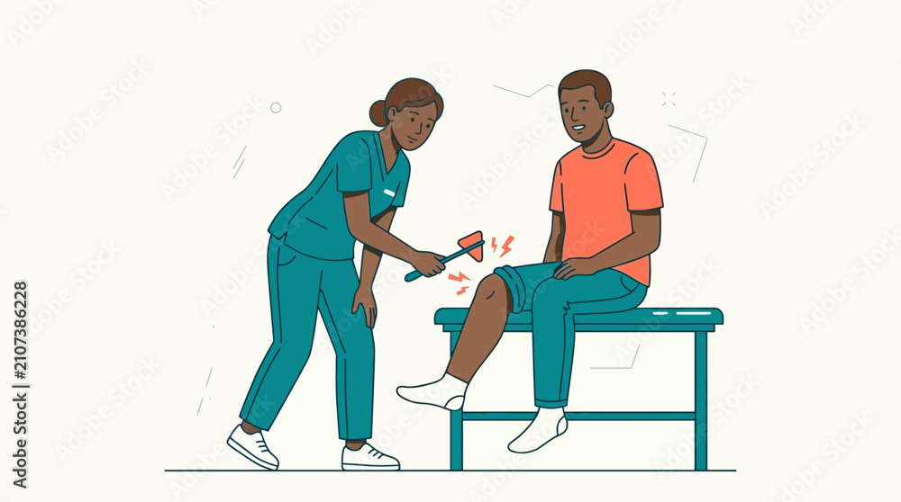 Fototapeta premium Nurse tests patient's knee reflex with reflex hammer, medical checkup illustration