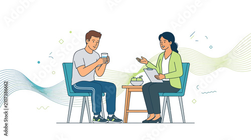 Nutritionist counseling patient on healthy lifestyle, diet, and wellness, vector illustration