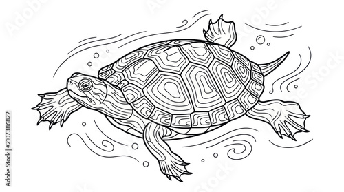 Fotografi Sea turtle swimming in ocean line art