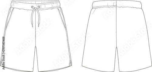 Photos Technical flat sketch of shorts with drawstring waistband, side pockets, and cen