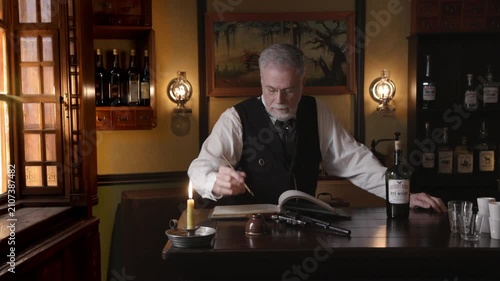 Saloon Keeper lays pistol down on bar