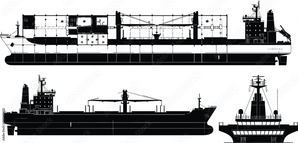 Obraz premium Technical cargo ship drawings with sectional side view, full profile, and front bow illustration for maritime engineering design