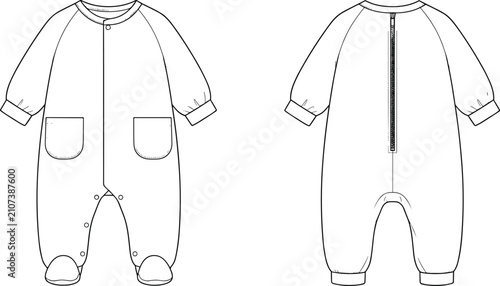Valokuva Technical flat sketch of baby onesie, front and back views with snap buttons, zi