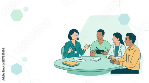 Diverse Healthcare Team Discussing Patient Care Around a Table - Vector Illustration
