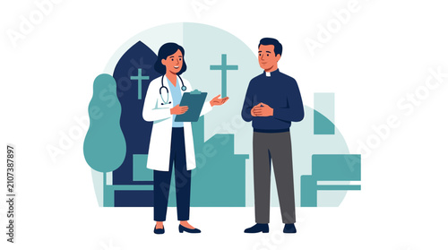 Doctor consulting with a priest in front of church and medical buildings, representing holistic care and spiritual support.