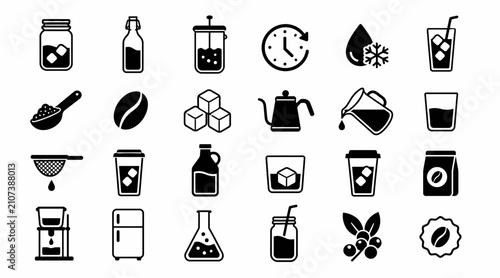Flat design icons of food drinks and kitchen items.