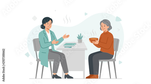 Nutritionist advising elderly patient on healthy diet and nutrition, illustration of healthcare and wellness.
