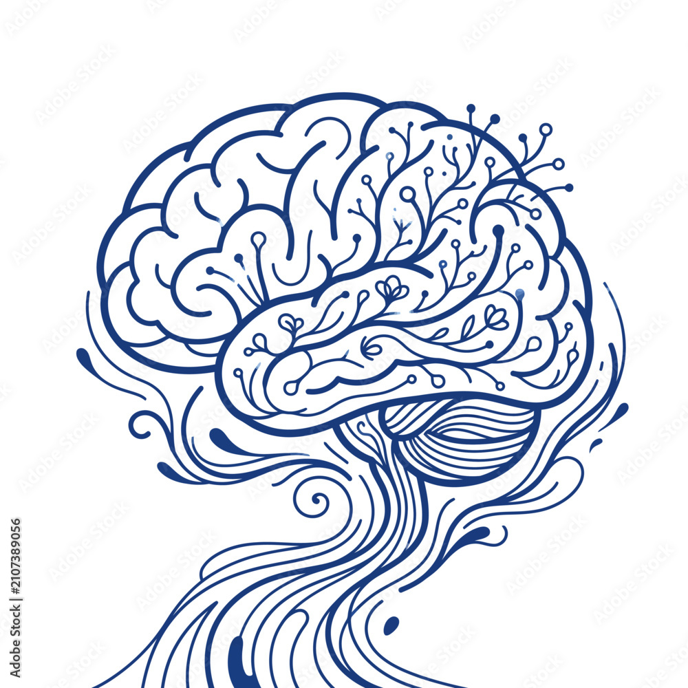 Fototapeta premium Blue Line Art Illustration of Human Brain with Tree Roots Concept for Cognitive Growth and Mental Wellness