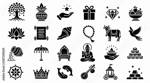 Foto Black and white icon collection of diverse symbols and objects.