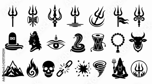 Obraz na płótnie Collection of Hindu and Spiritual Symbols in Black.