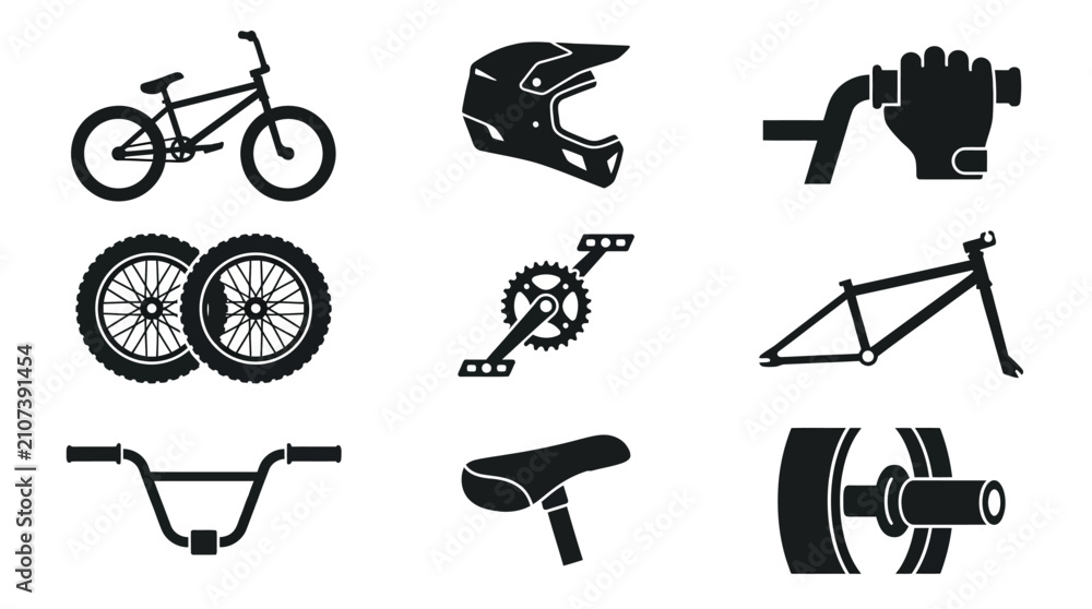 Fototapeta premium Black bicycle parts and extreme cycling gear icon set