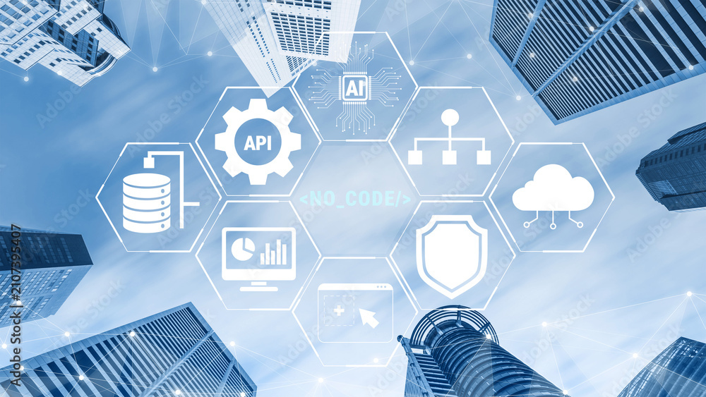 Fototapeta premium Innovative Urban Skyline with Futuristic Technology Icons Illustrating API, Cloud Computing, Data Management, and No-Code Solutions for Digital Transformation Quark.