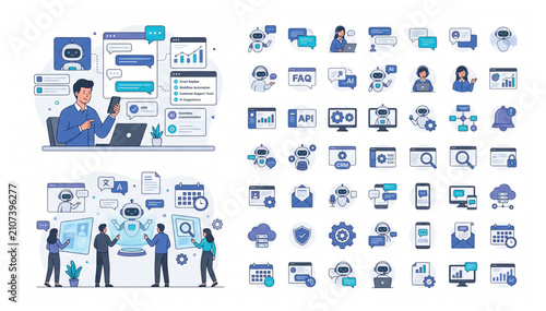 AI Customer Service Icon Set with Business Automation Technology and Artificial Intelligence Software Interface