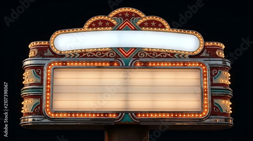 Vintage illuminated movie theater marquee sign with blank panels