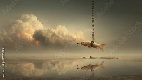 A fish, hooked and suspended by chain, hangs over reflective water, dramatic sky