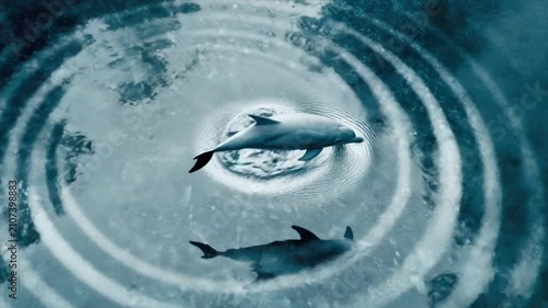 A dolphin gracefully swims above the water, creating ripples. Its reflection mirrors below