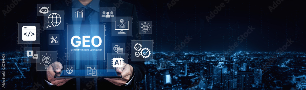 Fototapeta premium Digital marketing concept featuring GEO strategy, optimizing content for AI search engines and large language models. Evolution of SEO, brand authority, and AI citation visibility. Corpus
