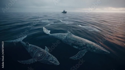 Whales swim in ocean, detailed white lines adorn bodies, boat in distance, dusky sky