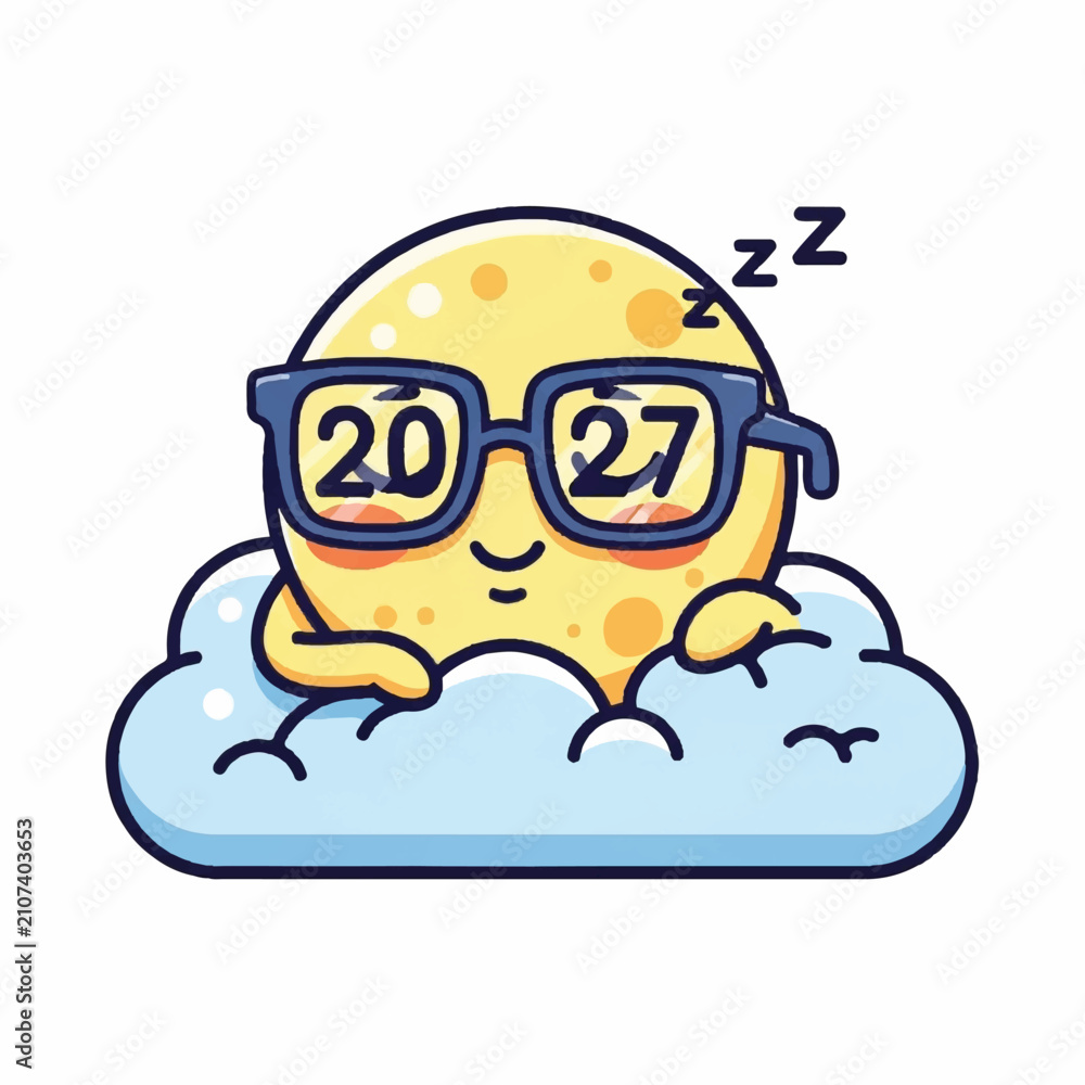 Fototapeta premium Cute cartoon moon character sleeping on a cloud wearing glasses with the year 2027, isolated vector illustration