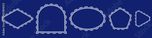 White bold eyelet scallop lace borders outline diamond, arch, oval, pentagon plus triangle frames on navy as classic vintage cutwork trim for wedding invitations or cottagecore craft label cards.