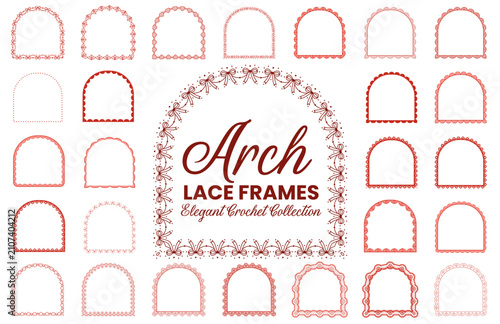 Red arched lace frame set with scalloped crochet borders, ribbon bow trims, heart eyelets, pearl dots on white background for valentine cards, wedding invitations, printable craft stationery labels.