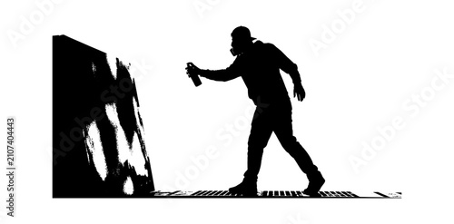 Black silhouette of a graffiti artist wearing a respirator mask painting on a wall with a spray paint can isolated on transparent background, Vector