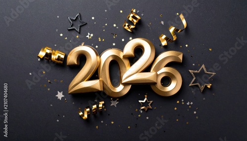 New Year 2026 golden numbers with sparkling gold confetti and ribbons on an elegant dark background.