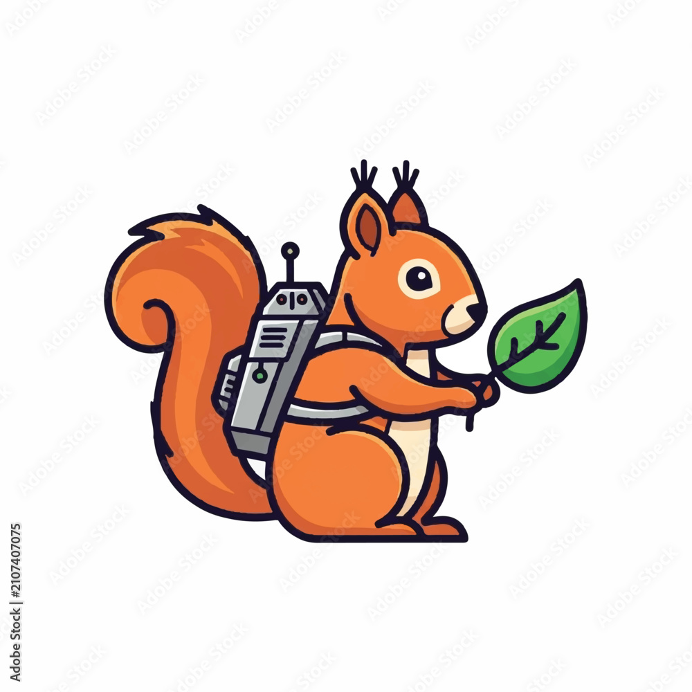 Fototapeta premium Futuristic red squirrel character wearing electronic robotic backpack and holding green leaf, nature technology illustration concept