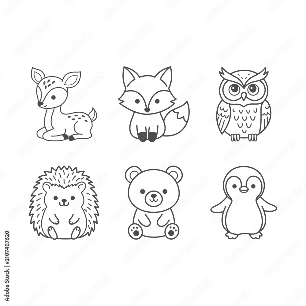 Obraz premium Cute kawaii woodland animals doodle icon set with black bold outline featuring deer fox owl hedgehog bear cub and penguin