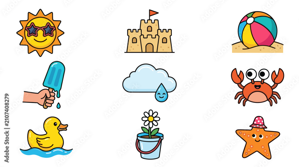 Fototapeta premium Summer beach icons with sun, crab, and sandcastle.
