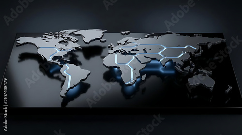 A premium business visualization showing the world map as a network of illuminated trade corridors carved into the continents themselves.