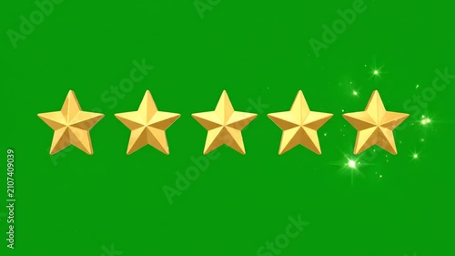 Animated golden five star rating icons appearing sequentially on a bright green screen background for chroma key compositing