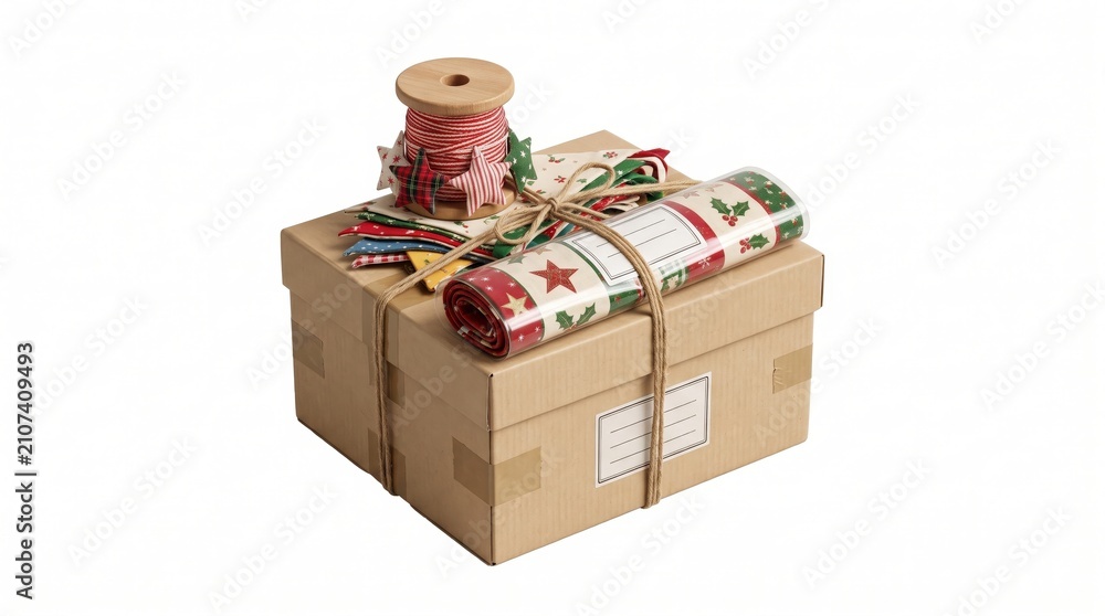 Fototapeta premium Christmas Gift Wrapping Supplies on Cardboard Box