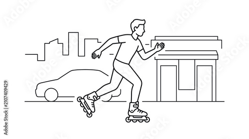 Obraz na plátně Man rollerblading quickly down city street line art.