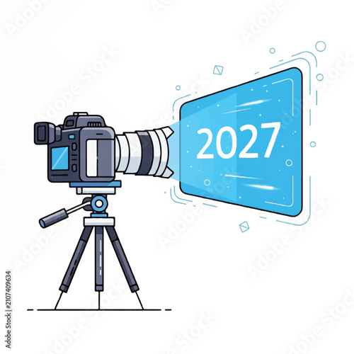 Modern video camera on a tripod recording a futuristic 2027 projection screen in blue vector illustration