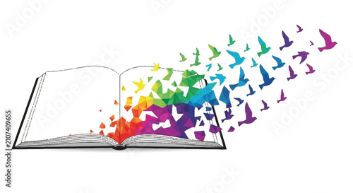 Open book with colorful flying birds representing concept of imagination, freedom and education