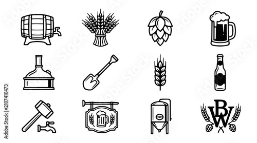 Photos Craft Beer Brewing Icons: Barrel, Hops, Wheat, Mug, Bottle, Brewery Equipment, S