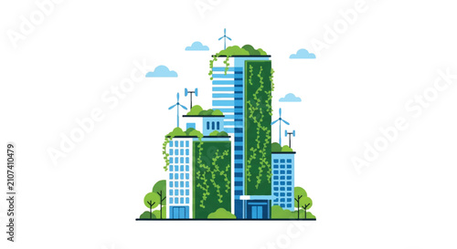 Green eco friendly city illustration with sustainable architecture skyscrapers powered by wind turbines and renewable energy