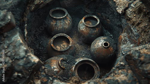 Ancient clay jars discovered in excavated pit filled with dark soil