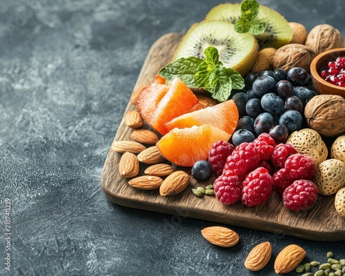 Balanced snack board with nuts, fruits, and seeds, healthy snacking for energy