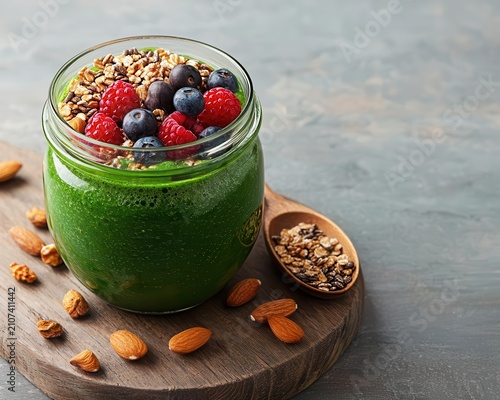 Closeup of a green smoothie in glass jar with superfood toppings, breakfast health routine