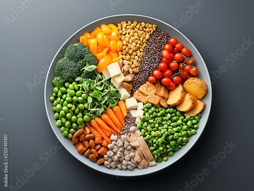 Healthy eating infographicstyle plate with labeled food groups, educational nutrition design