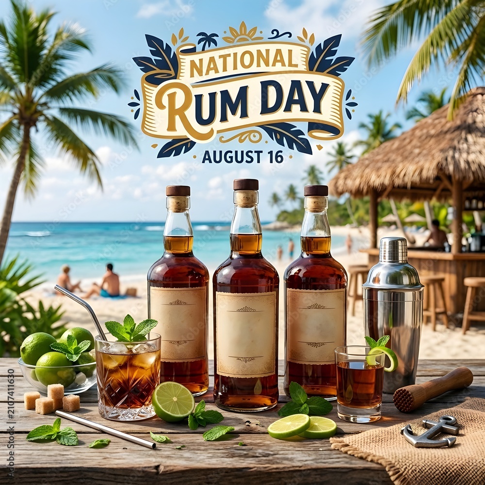 Obraz premium National rum day celebration with bottles and tropical drinks