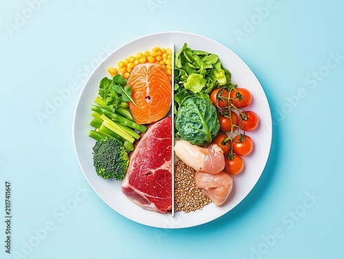 Portion control plate with vegetables, grains, and protein clearly divided, eating habit illustration