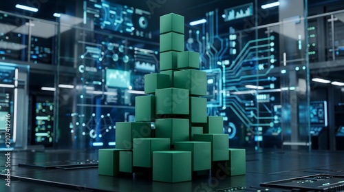 Green cube tower structure inside digital laboratory room.