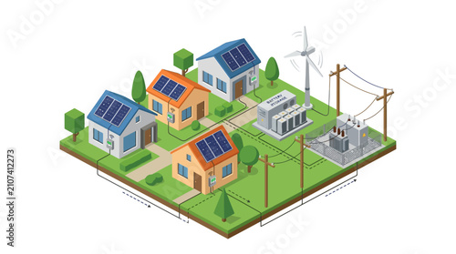 Isometric illustration of smart grid with solar houses, battery storage, wind turbine, and power lines on white background