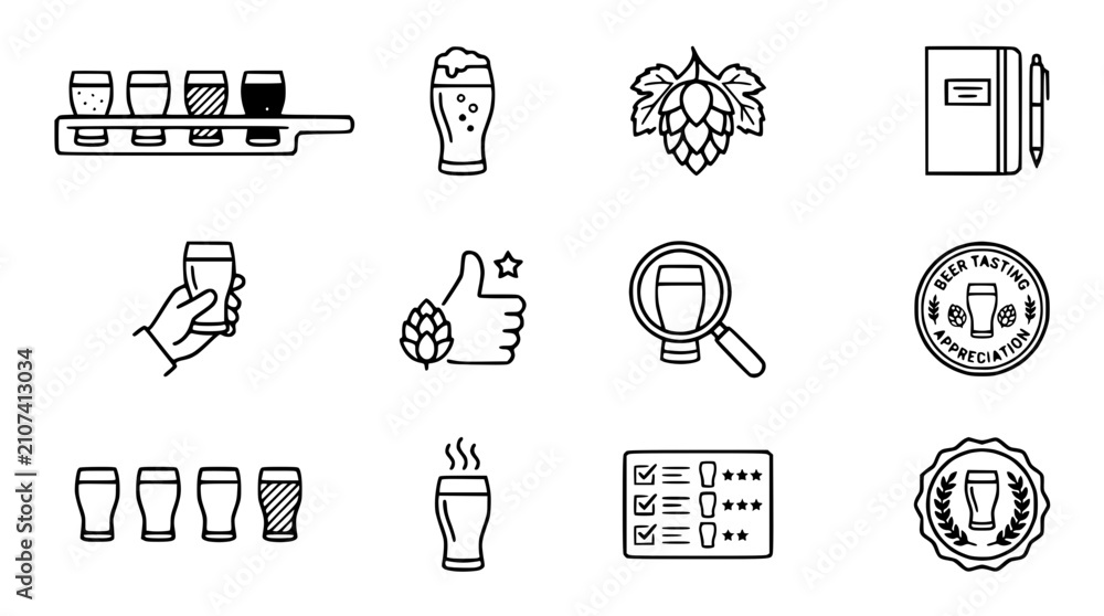 Fototapeta premium Beer Tasting Icons: Flight, Glass, Hops, Notebook, Hand, Thumbs Up, Magnifier, Stamp, Row, Steaming
