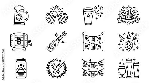 Foto Beer Icons Set: Mugs, Glasses, Barrel, Bottle, Can, Garland, Hop - Outline Style