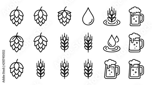 Foto Beer Icons Set: Hops, Wheat, Water Droplets, and Beer Mugs